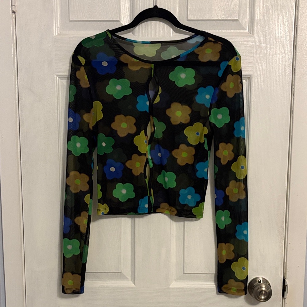 Topshop Floral Mesh Long Sleeve Top - Black, Blue, Green, Yellow
